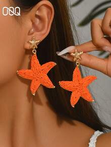 OOQ 1 Pair Summer Vacation Style Ocean Creature Starfish Pendant Handmade Raffia Women's Fashion Earrings, Beach Holiday Gift For Friends And Family (Handmade Raffia Weave, Random Direction And Shape) - Orange - View 1
