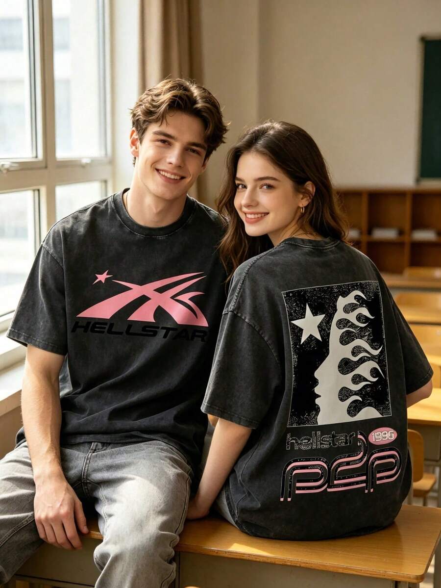 1 PIEZA Camisa de hombre de manga corta con lavado desgastado, con estampado de silueta de rostro humano con llama de meteoro rosa en letras con impresión doble cara, camiseta casual holgada y retro para hombre, ropa de hombre cómoda y versátil para el verano