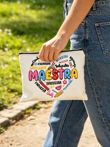 Ensemble de sac de maquillage thème Maestra, cadeau de la fête des enseignants espagnols, sac de maquillage en canevas avec fermeture éclair imprimé cœur floral "Gracias Maestra", sac de maquillage motif lettre Maestra, sac de maquillage femme avec fermeture éclair imprimé floral, cadeau pour elle, convient pour le rangement de cosmétiques pour femmes, le rangement de cosmétiques en dortoir universitaire, les voyages pour femmes, sac cadeau, sac cadeau pour la fête des enseignants - Multicolore - Voir 6