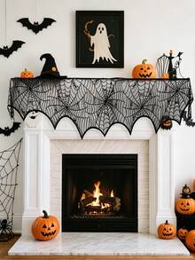 1pc Halloween Black Lace Spider Web Fireplace Shawl Scarf Set, Halloween Shawl Scarf, Black Lace Spider Web Design, Holiday Party Decoration, Prop To Create Halloween Party Atmosphere, Halloween Decoration, Indoor And Outdoor Decor, Used For Fireplace Decoration. Halloween Decoration, Indoor Fireplace Scarf, Suitable For Halloween Decoration, Holiday Party Supplies And Decor. - Multicolor - View 3