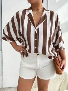 Plus Size Women's Casual Loose Fashion Versatile Simple Coffee Brown Striped Shirt, Women's Leisure Top, Resort Wear - Brown - View 10