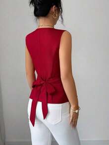Elegante y versátil camiseta sin mangas para mujer con diseño de lazo en la espalda, cuello cuadrado y hebilla metálica decorativa, color burdeos, para primavera/verano - Burdeos 2 - Ver 10