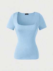 Blusa de manga corta y cuello redondo casual y elegante, adecuada para uso diario, ir al trabajo y salir, primavera/verano - Azul - Ver 6