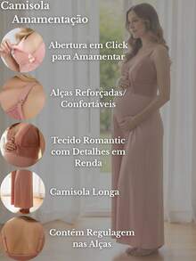 KIT 02 Camisolas Amamentação LONGA Luxo com Detalhe em Renda em Microfibra e Abertura em Click Longa. - Vinho/ Preto - Visão 8