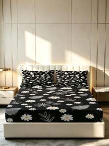 3pcs Daisy & Feather Pattern Fitted Sheet Set (Including Pillowcase), Soft & Breathable, Suitable For Spring Room Decor, Home, Hotel, Bedroom - Multicolor - View 8