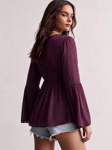 Rusttydustty Top feminino estilo boémio com renda, patchwork, manga sino e laço na cintura - roxo - Ver 7