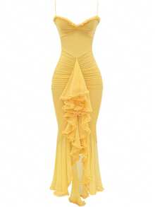 優雅女款黃色細肩帶長款雞尾酒洋裝，不對稱下擺與露背設計，適合派對與正式場合 - 黃色 - 查看 9