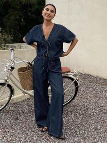 Conjunto de top con manga corta y amarre al frente, y pantalones vaqueros de corte holgado para mujer - Azul - Ver 4