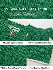 ROSIE POPHUB Women's Green Mexican Print Cold Shoulder Top, Ruched Waist Short T-Shirt, World Cup Football, Summer Daily, Party, Beach, Vacation - Dark Green - View 10