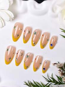10 Kuku Almond Buatan Tangan, Gaya Prancis Warna Kuning Mustard dengan Pola Bintang dan Rhinestone Berwarna-warni. Cocok untuk Semua Bentuk Tangan, Bagus untuk Pemakaian Sehari-hari dan Kencan. Hadiah Mewah yang Istimewa untuk Wanita. - MultiWarna - View 5