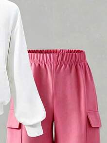 Young Girl Crew Neck Letter Cartoon Print Long Sleeve Sweatshirt And Elastic Waist Cargo Pants Casual Daily Set - Pink - View 4