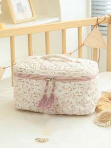 Large Capacity Floral Quilted Cosmetic Bag, Portable Cute Flower Travel Pouch Make Up Bag Toiletry Bag Makeup Storage Holiday Essentials - Multicolor - View 3