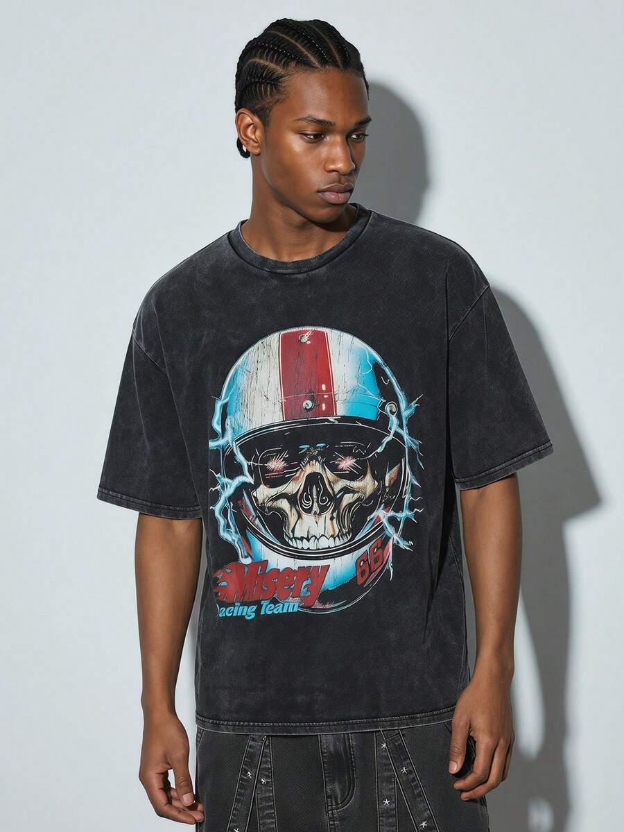 Modcrash Camiseta vintage casual con estampado de copos de nieve desgastados para hombres, primavera/verano - Negro - Ver 1