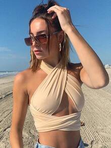 Top cruzado con tiras en la parte delantera para mujer, Top corto sin mangas con cuello Halter y espalda descubierta, chaleco Bandage, Tops sexys de verano, ropa para mujer - Marrón - Ver 7