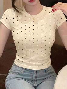 杏色撞色波点性感可爱休闲修身圆领短袖露脐上衣，适合夏季街头、约会、通勤等场合 - 杏色 - 查看 7