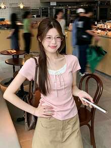 蝴蝶結 2 合 1 短袖上衣，韓系修身腰線簡約甜美純色女款 T-shirt，夏季粉色休閒風 - 粉色 - 查看 7