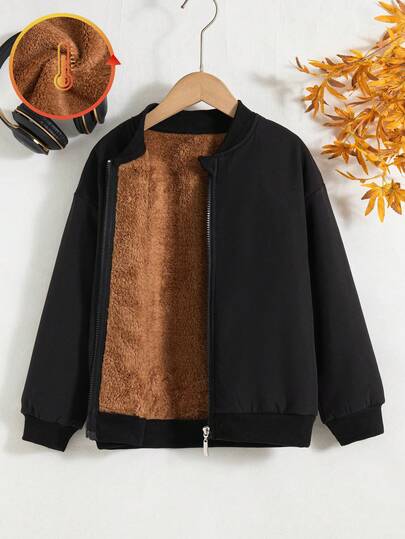 Boys' Casual Solid Color Zip-Up Raglan Long Sleeve Fleece Jacket Outerwear, Autumn/Winter