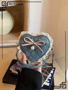 1pc Mini Heart-Shaped Handbag, Fashion Quilted Embroidery Shoulder Bag, Cute Lace Trim Coin Purse, 2026 New Denim Keychain Crossbody Bag For Women - Blue - View 2