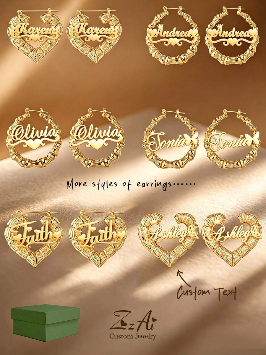 1 Pair 7cm Large Hoop Earrings, Customizable Name Text Personalized Earrings, 18K Gold Fashion Jewelry Stainless Steel, Engraved Bamboo Knot Earrings - Gold Round Name - Large Hoop Earrings, Thanksgiving Christmas - 2.76 Inch - View 1