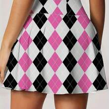 Women' High-Waisted Pleated Mini Skirt With Pink & Black Argyle Diamond Pattern - Preppy Aesthetic Skirt Suitable For, Office, Casual Wear | Full-Length Skirt Print With Side Pockets | Spring Summer Outfits, Non- Blouse - Multicolor - View 3