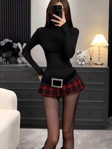 Women Short Dresses - Black Top + Red Plaid Midi Skirt [with Belt] - View 6