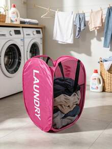 1pc Pink Foldable Laundry Basket, High Capacity Mesh Dirty Clothes Storage Organizer For Bathroom, Dorm Room, Bedroom, Home Organization, Collapsible Hamper With Easy Carry Handle, Space Saving Laundry Hamper - Pink - View 1