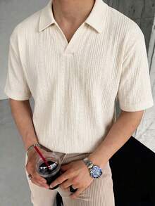 一件蓝图男士Polo衫，杏色提花领Polo衫，垂坠透气针织面料，抗皱舒适，成熟绅士风格，适合日常、通勤、轻商务、休闲穿着，男士礼物 - 杏色 - 查看 3