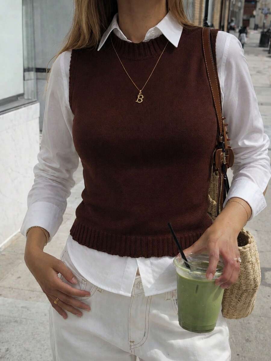 Women's Tank Top Vest, Water Bottle Style, Modal Knit, Winter/Summer Fitted Layering, Basic - 咖啡棕 - 查看 1