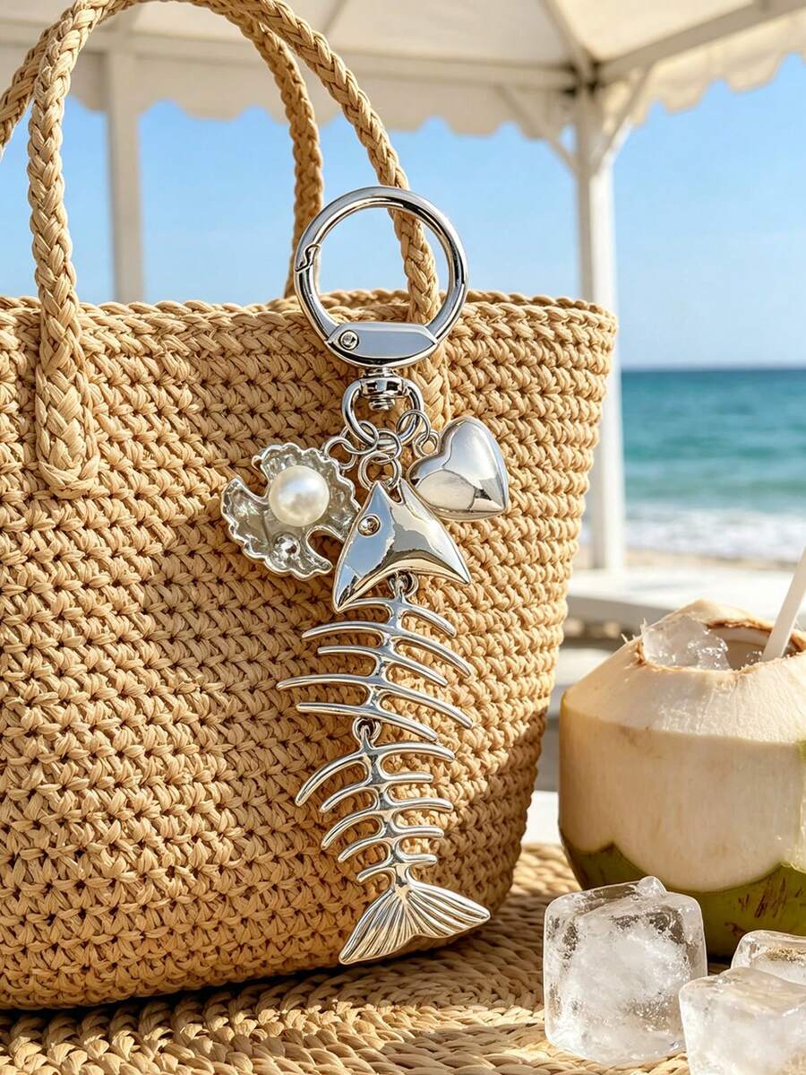 Wave-Patterned Fishbone, Pearl Shell, Heart Bags Charms-Bohemian Vacation/Beach Resort/Ocean Themed Accessory, Car Pendants, Hanging On Straw Bags, Backpack, Wallet, Headphone Bag, Canvas Bags, Keys, Lovely Gift For Beach Trip Or Summer - A - View 1