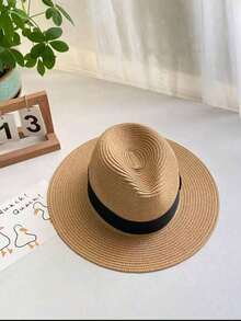1pc Handmade Woven Panama Cowboy Wide Brim Hat, Bohemian Style Beach Straw Hat, Sun Hat, Casual Windproof Hat For Beach, Designed For Back To School Season, Random Edge Rope Color, Suitable For Vacation Travel - A - View 6