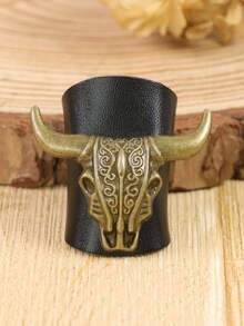 1PC Western Cowboy Bull Skull Bandana Slide, Vintage Bronze Scarf Ring With Leather Wrapper, Retro Western Style Neckerchief Slide For Men & Women(Not Include The Scarf) Halloween - A - View 5