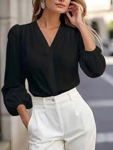 Blusa de manga larga con cuello en V de unicolor para mujer, elegante y esencial para el trayecto de primavera - Negro - Ver 2