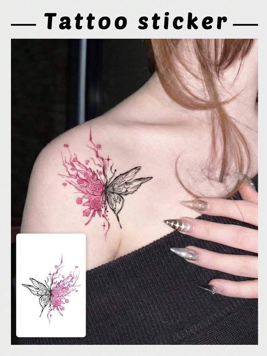 1 Pc Pink & Black Rose Butterfly Temporary Tattoo Sticker, Waterproof Long Lasting Fake Floral Insect Tattoo, Aesthetic Body Art For Shoulder - Multicolor - View 1