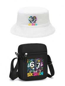 Ensemble seau et sac bandoulière imprimé de mème viral de dessin animé streetwear hip-hop 67, tenue unisexe originale pour tous les jours et toutes les saisons - Multicolore - Voir 7