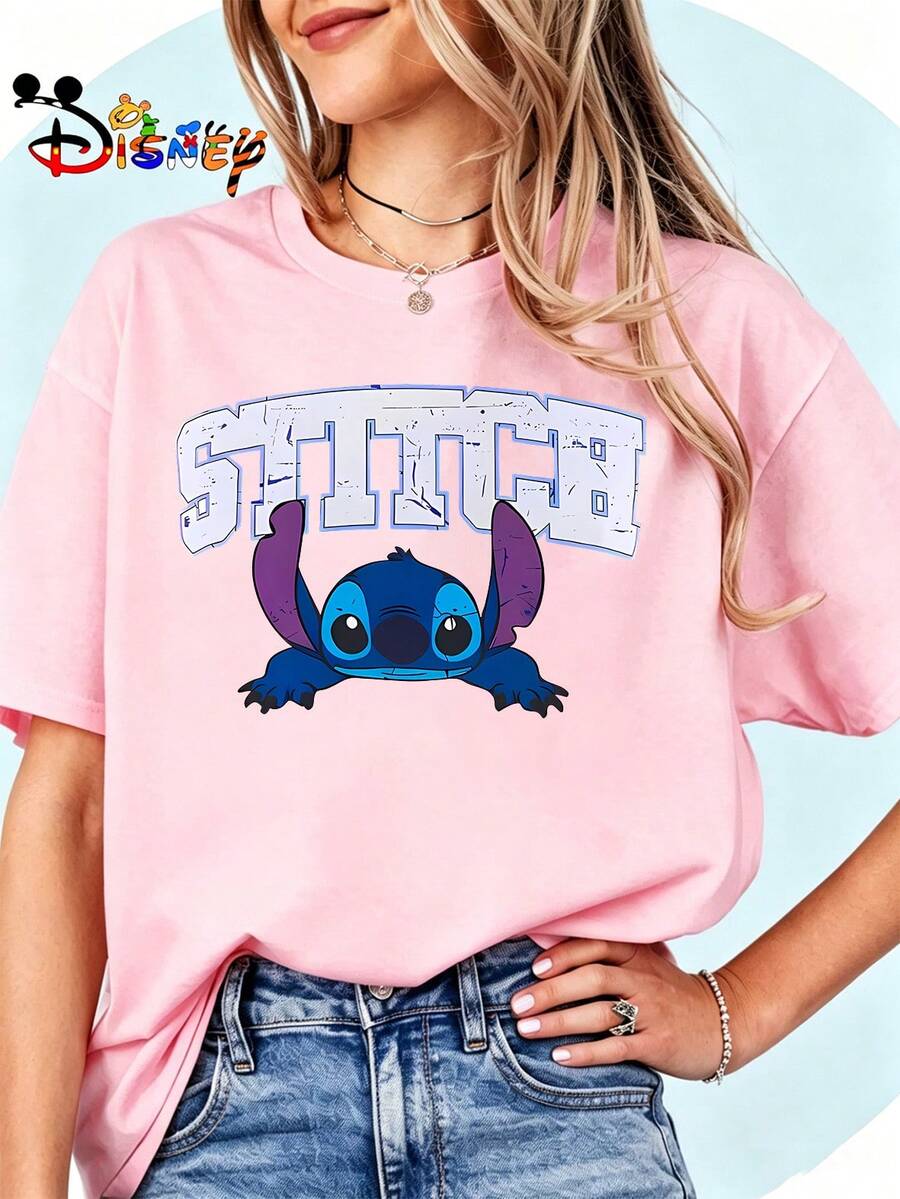 Breathable Cotton Disney Fan Tee | "Stitch Peeking" Lilo & Stitch Distressed Letter Graphic Print | Nostalgic Cartoon Pullover Shirt - 粉色 - 查看 1