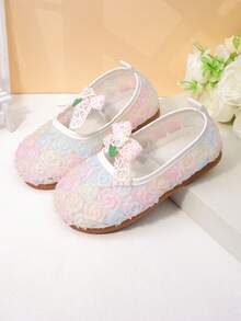 1 Pair Girls' Ombre Rose Lace Princess Shoes, Mesh 3D Floral + Lace Bow Soft Non-Slip Flat Shoes, Suitable For Kindergarten, Birthday Party, Formal Wear, Spring/Summer - Pink - View 6