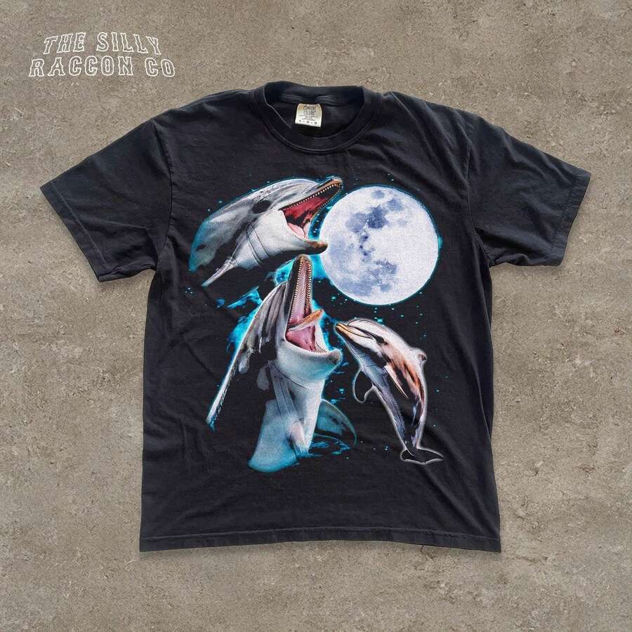 Retro Dolphin Shirt Vintage 90s Graphic Tee Celestial Moon T-Shirt Washed Ocean Life Top Unisex Nature Lover Gift Funny - 黑色 - 查看 1