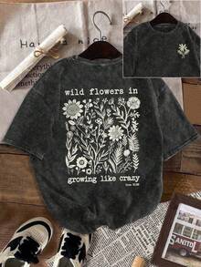 大尺碼女款復古風「Wild Flowers In Growing Like Crazy」水洗做舊T恤，休閒舒適圓領短袖上衣，清新春夏款，適合日常休閒、海灘與戶外活動，黑色 - 黑色 - 查看 1