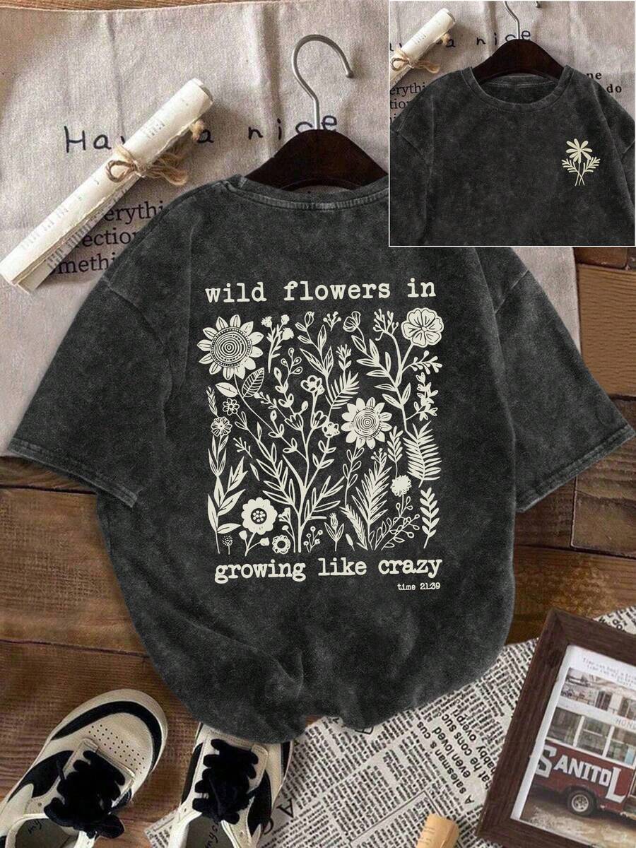 大尺碼女款復古風「Wild Flowers In Growing Like Crazy」水洗做舊T恤,休閒舒適圓領短袖上衣,清新春夏款,適合日常休閒、海灘與戶外活動,黑色 - 黑色 - 查看 1