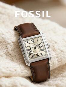 Fossil 奢华品牌男士石英表，复古长方形坦克表壳，银色方形表盘，棕色皮表带，罗马数字时标，复古风格腕表，男士经典礼物，生日、父亲节、周年纪念日、商务、办公、毕业典礼等场合的理想之选。 - 棕色 - 查看 2
