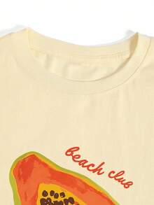 Shirt, Retro Graphic T-Shirt, Pawpaw Heat Transfer Printing Women's Pure Cotton Short-Sleeved T-Shirt Fruit Lover , Aesthetic Fruit T-Shirt, Gardener Farmer's Tee.Summer - 杏色 - 查看 3