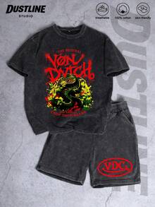 Black Mens Creative T Shirt And Shorts Set American Vintage Full Print Street Wear Essential Graphic T Shirt And Shorts Set With Dragon And Floral Design And Van Dutcha Logo For Casual Outfits Print Washed T Shirt Set - 黑色 - 查看 1