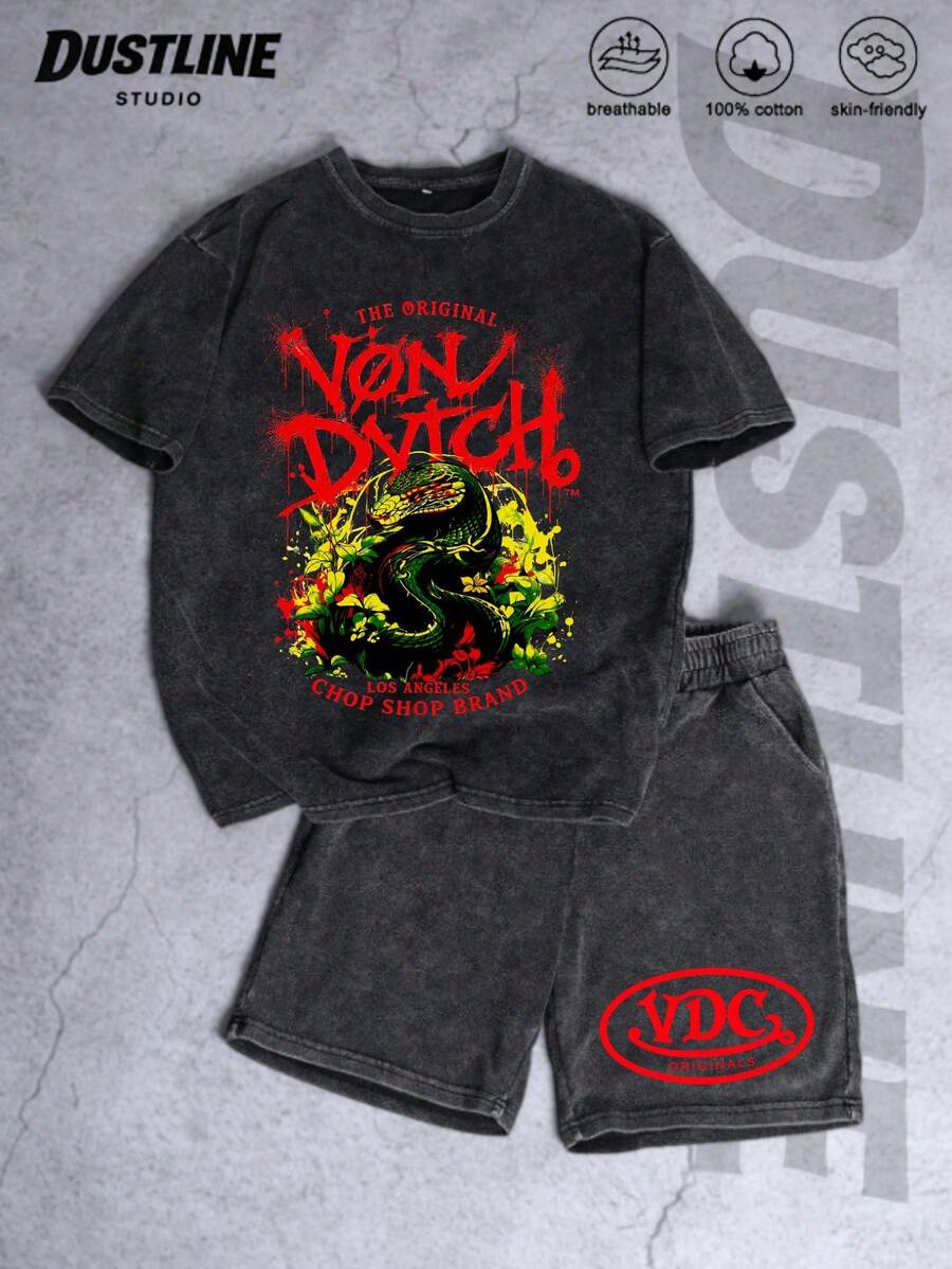 Black Mens Creative T Shirt And Shorts Set American Vintage Full Print Street Wear Essential Graphic T Shirt And Shorts Set With Dragon And Floral Design And Van Dutcha Logo For Casual Outfits Print Washed T Shirt Set - 黑色 - 查看 1