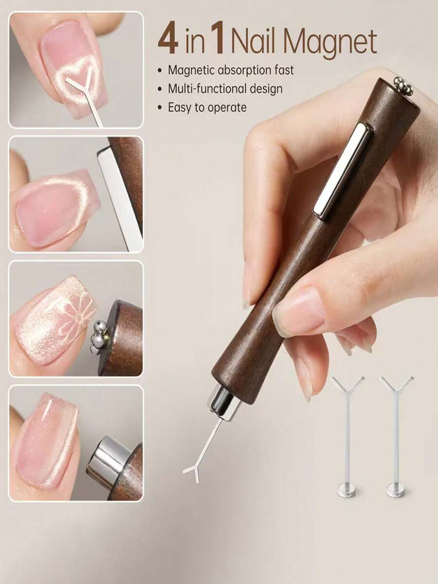 Outil de nail art magnétique 4-en-1 œil de chat, outil de nail art œil de chat en forme de cœur, baguette magnétique multifonctionnelle pour vernis gel UV marron foncé à taille fine, design artistique, facile à saisir, convient pour l'art des ongles à la maison et en salon, accessoires de nail art, cadeau sélectionné pour la famille, les couples, les amis. - Multicolore - Voir 1