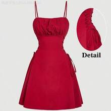 Yunuo Menswear  Vestido rojo para cita, vestido de tirantes con pliegues en el busto y lazo lateral - Burdeos - Ver 5