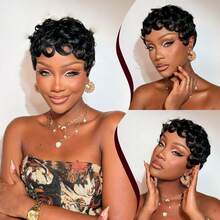 1B Black, 4# Brown, 99J Burgundy, 27# Gold Curly Short Pixie Cut Wig, Suitable For Gift To Loved Ones And Daily Wear, Made Of Brazilian Human Hair, Glue-Free Full Machine Woven Layered Wig - Multicolor - View 2