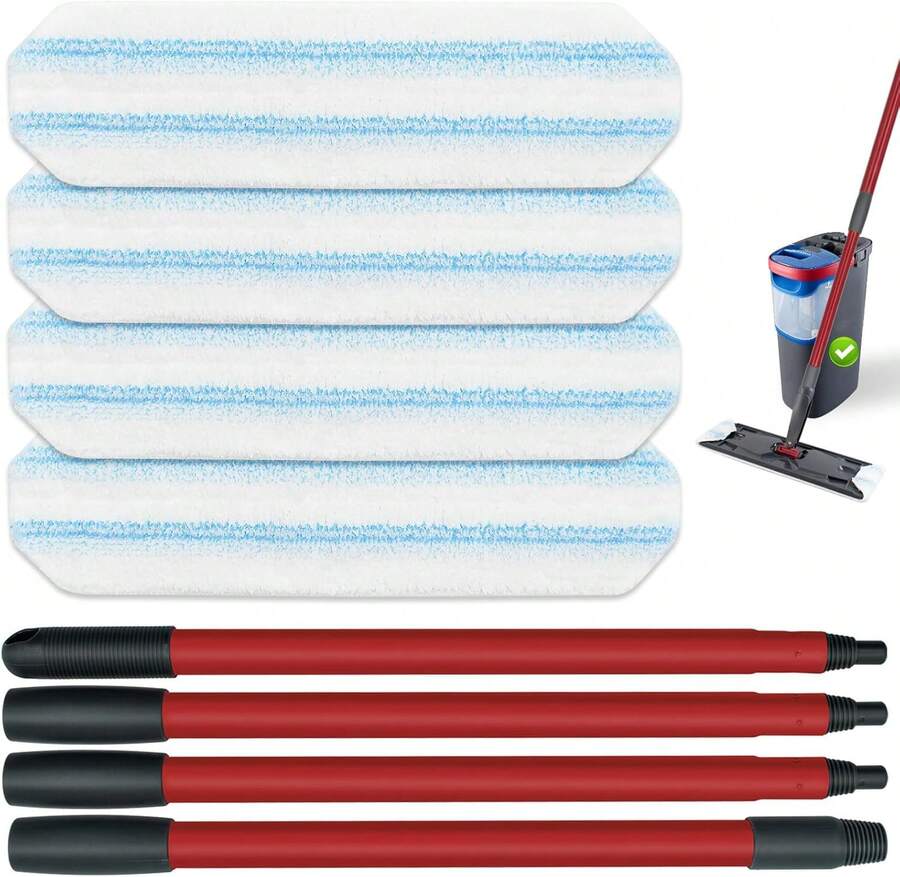Mop Replacement Pads For O Cedar H2prO Flat Mop System, Mop Handle For O-Cedar H2pro Mop, Reusable Microfiber Mop Pads For Ocedar Flat Mop, Include 4 Mop Pad Refills And 4-Section Mop Handle - Trắng - Xem 1