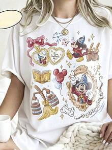 Oversize T-Shirt Disney Cartoon Pink Printed T-Shirts For Love Partners 100% Cotton For Women, Suitable For Daily Outings Summer Casual Wear - 白色 - 查看 1