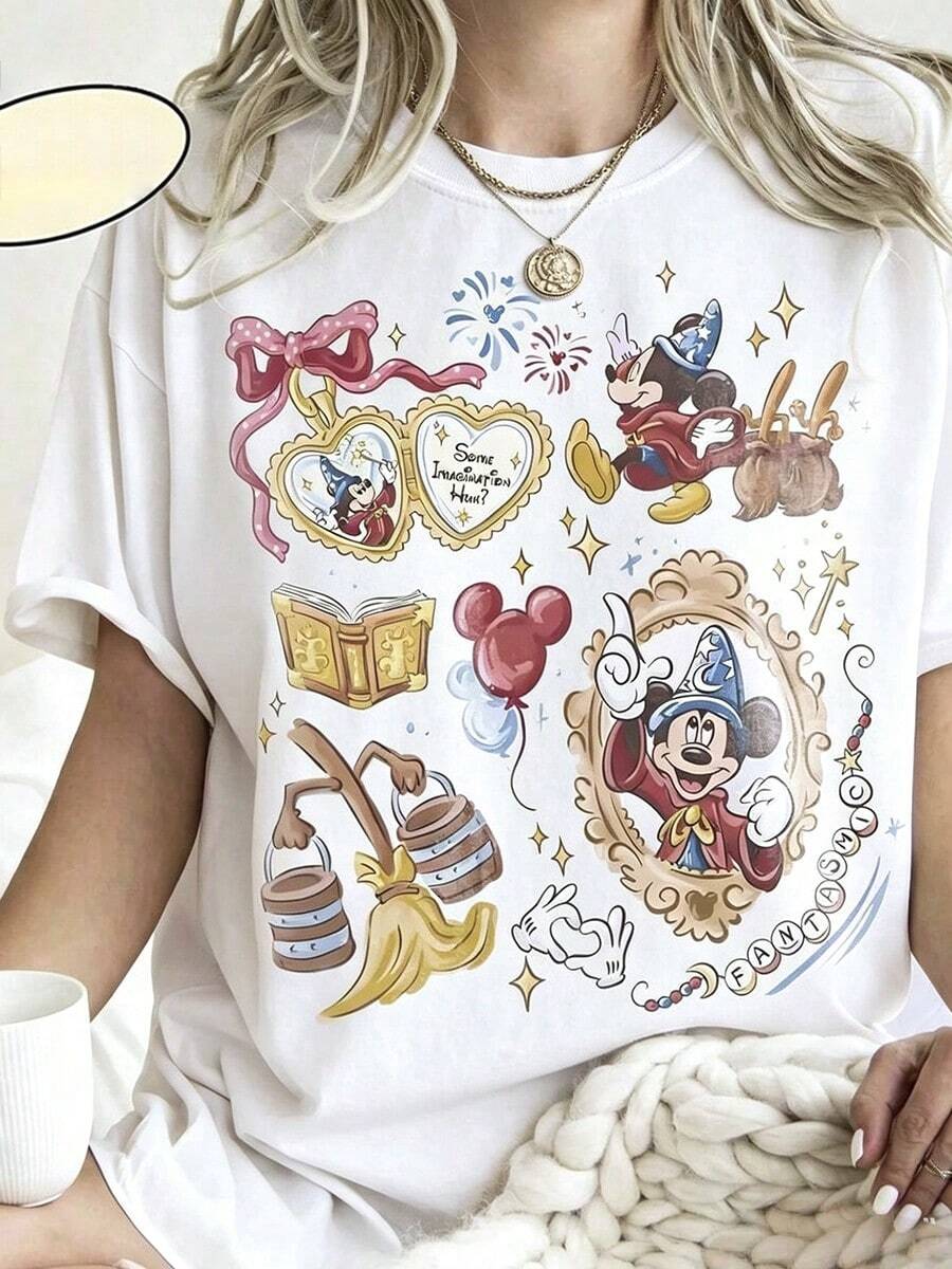 Oversize T-Shirt Disney Cartoon Pink Printed T-Shirts For Love Partners 100% Cotton For Women, Suitable For Daily Outings Summer Casual Wear - 白色 - 查看 1