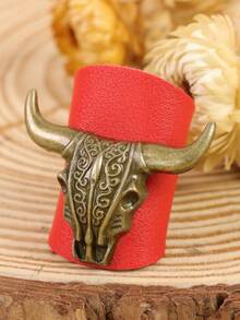 1PC Western Cowboy Bull Skull Bandana Slide, Vintage Bronze Scarf Ring With Leather Wrapper, Retro Western Style Neckerchief Slide For Men & Women(Not Include The Scarf) Halloween - A - View 11